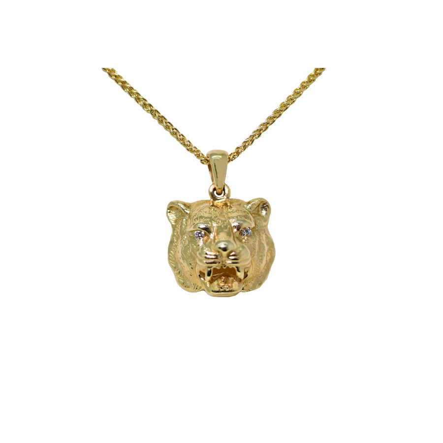 14K yellow gold Tiger Head with Two Round Diamonds Pendant