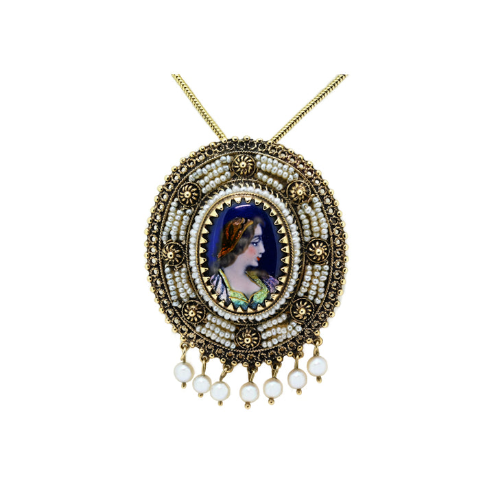 Antique Limoges Email d'Art Enamel Woman's head with seed pearls Brooch and Pendant