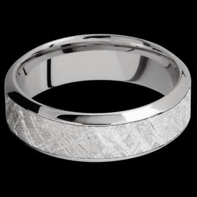 7 mm wide/High Bevel/18K White Gold band with one 4 mm Centered inlay of Meteorite.