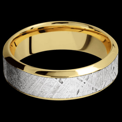 7 mm wide/High Bevel/18K Yellow Gold band with one 4 mm Centered inlay of Meteorite.