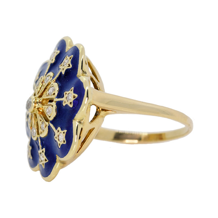 Mid Century 14K yellow gold Handfabricated colbalt blue Enamel and Diamond Ring