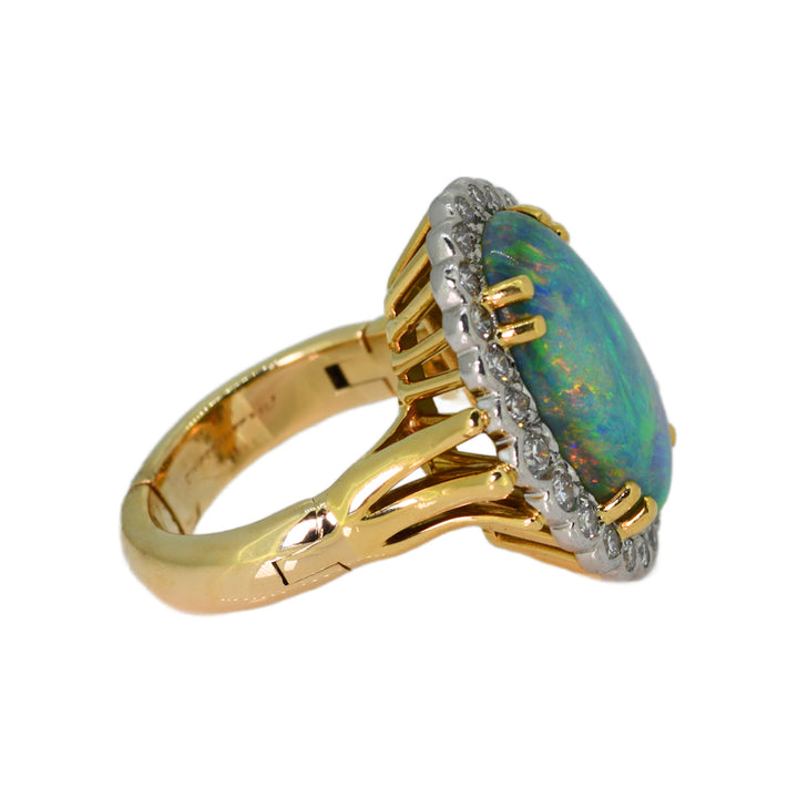 Incredible Kaleidoscope of Color Black Opal and Diamond Halo Ring