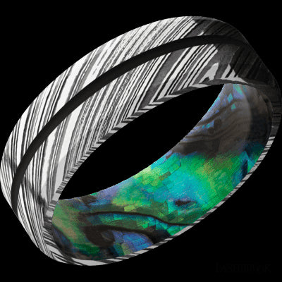 7 mm wide/Beveled/Woodgrain band with one 1 mm Centered inlay of Black also featuring a Abalone sleeve.