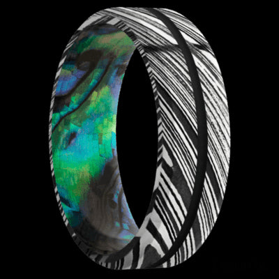 7 mm wide/Beveled/Woodgrain band with one 1 mm Centered inlay of Black also featuring a Abalone sleeve.