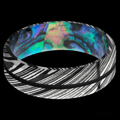 7 mm wide/Beveled/Woodgrain band with one 1 mm Centered inlay of Black also featuring a Abalone sleeve.