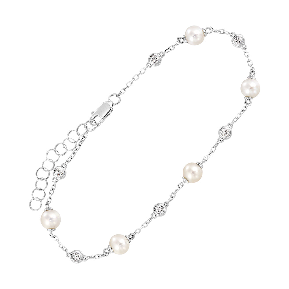 14Kt White Gold Diamond 1/5Ctw & Pearl 1Ctw Bracelet