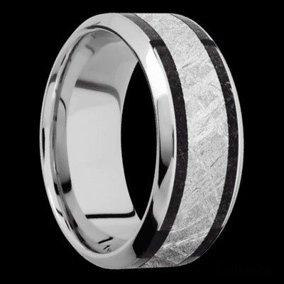 9 mm wide/High Bevel/Cobalt Chrome band featuring inlays of Dinosaur Bone Black and Meteorite.