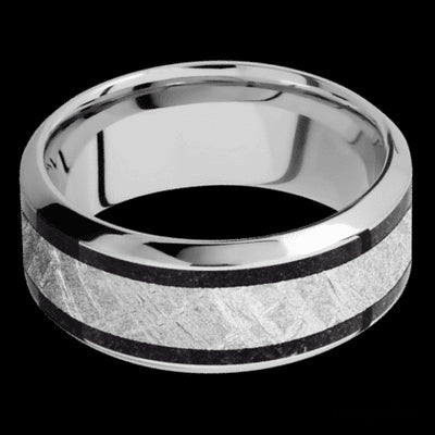 9 mm wide/High Bevel/Cobalt Chrome band featuring inlays of Dinosaur Bone Black and Meteorite.