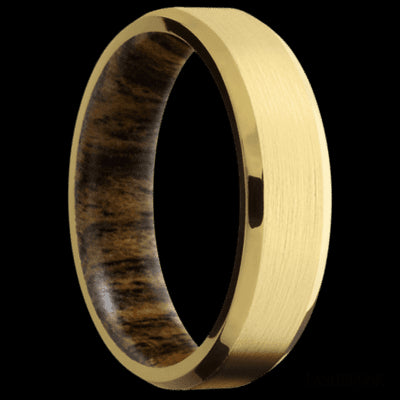 6 mm wide Beveled 18K Yellow Gold band featuring a Bocote sleeve.