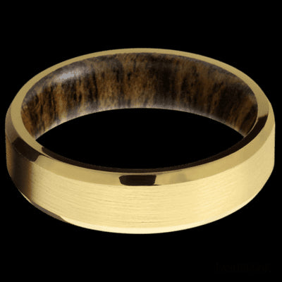 6 mm wide Beveled 18K Yellow Gold band featuring a Bocote sleeve.