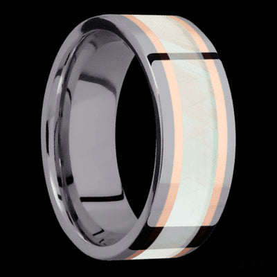 8 mm wide/Flat/Tantalum band featuring inlays of 14K Rose Gold and Freshwater Mother of Pearl.