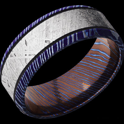 8 mm wide/Beveled/Titanium Damascus band with one 5 mm Centered inlay of Meteorite.