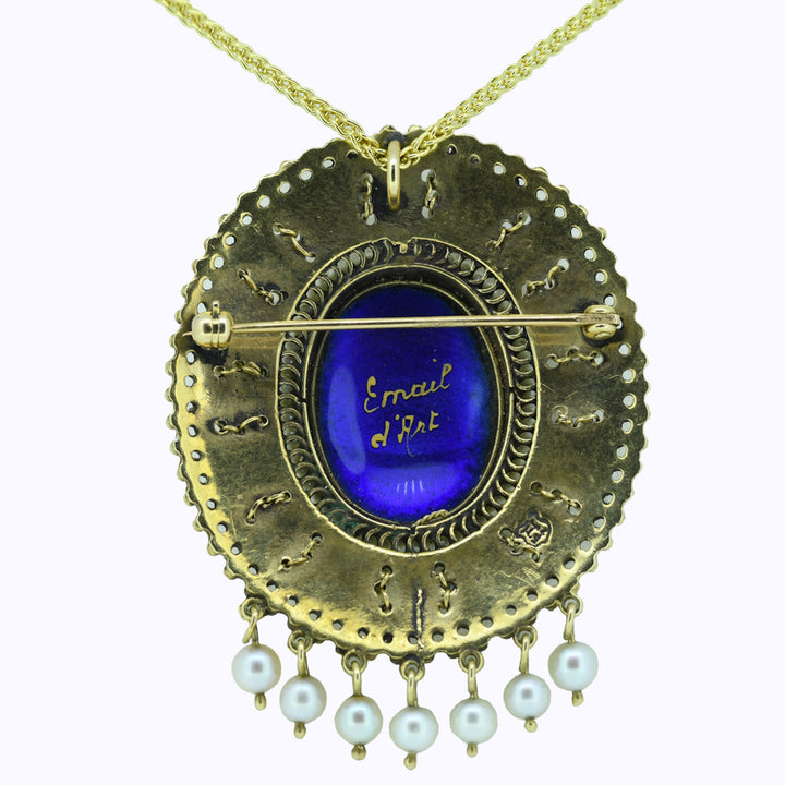 Antique Limoges Email d'Art Enamel Woman's head with seed pearls Brooch and Pendant