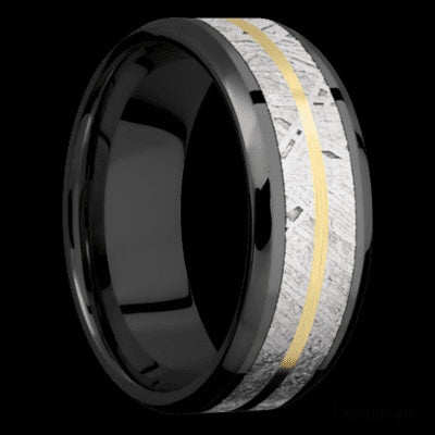 8 mm wide/Beveled/Zirconium band featuring inlays of Meteorite and 14K Yellow Gold.