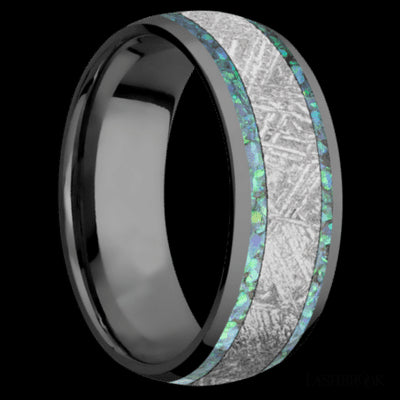 8 mm wide/Domed/Zirconium band featuring inlays of Teal Opal and Meteorite.