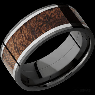 9 mm wide/Flat/Zirconium band featuring inlays of Titanium and Sapele.